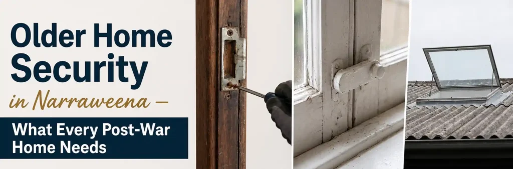 Close-up of a worn door lock, an ageing window latch and a roof skylight illustrating security considerations for older homes in Narraweena.
